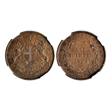 William IV, EIC, Copper Quarter Anna, 1835, Calcutta Mint, 23 Berries, Sloping one, S&W 1.
