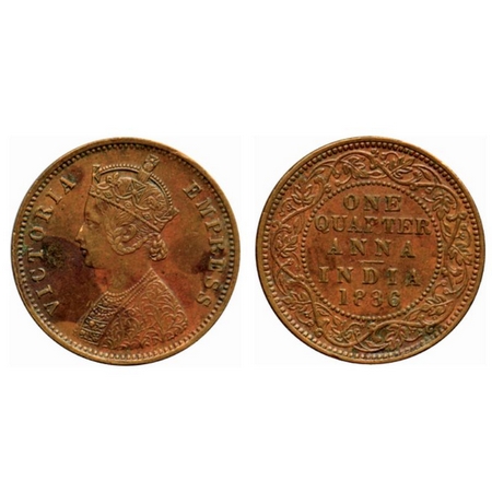 Victoria Empress, Copper Quarter Anna, 1886, Bombay Mint, B/I, no mint mark. GK 841. Very 