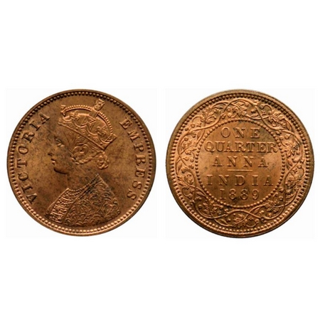 Victoria Empress, Copper Quarter Anna, 1889, Calcutta Mint, B/II, no mint mark. GK 848. Un
