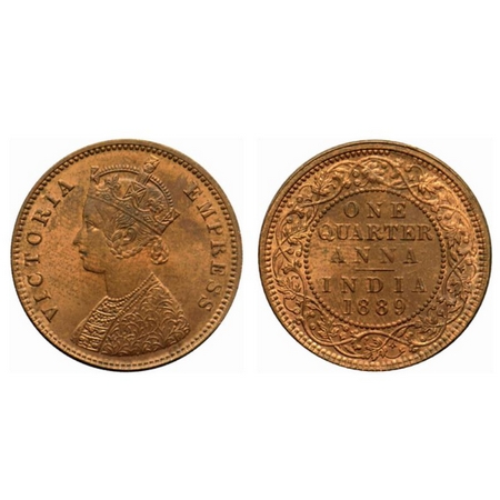 Victoria Empress, Copper Quarter Anna, 1889, Calcutta Mint, B/I, no mint mark, Ghost on re