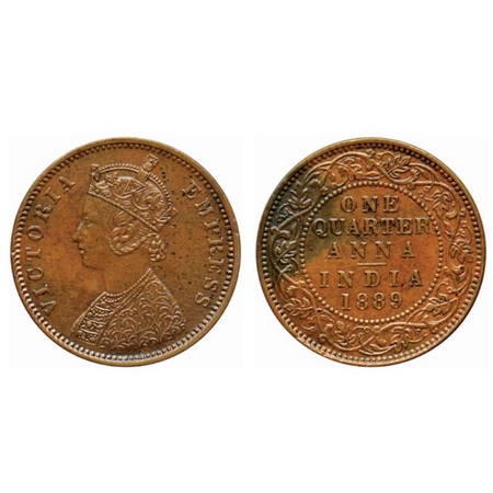 Victoria Empress, Copper Quarter Anna, 1889, Bombay Mint, B/I, no mint mark. GK 848. Extre