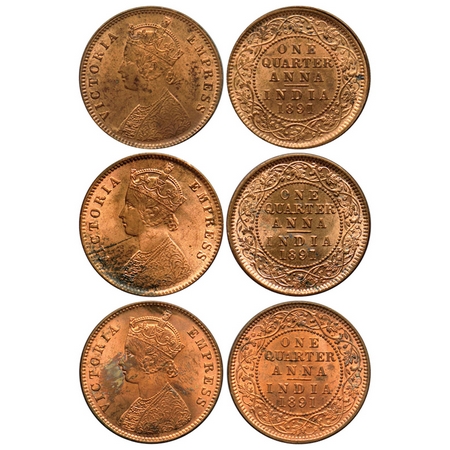 Victoria Empress, Copper Quarter Anna (3 Coins), 1891, Calcutta Mint, B/II, no mint mark. 