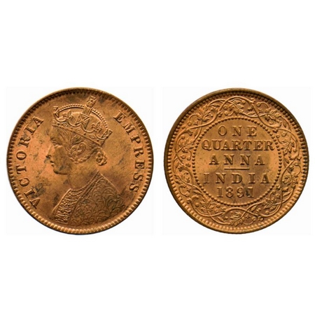 Victoria Empress, Copper Quarter Anna, 1891, Calcutta Mint, B/II, no mint mark. GK 850. Un