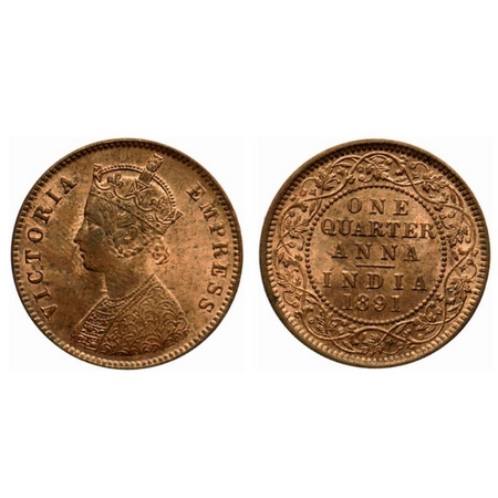Victoria Empress, Copper Quarter Anna, 1891, Calcutta Mint, B/II, Multiple die cracks on O