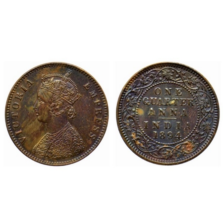 Victoria Empress, Copper Quarter Anna, 1894, Calcutta Mint, B/II, no mint mark. GK 853. To