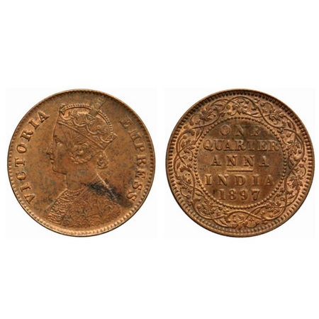 Victoria Empress, Copper Quarter Anna, 1897, Calcutta Mint, B/II, no mint mark. GK 856. Ex
