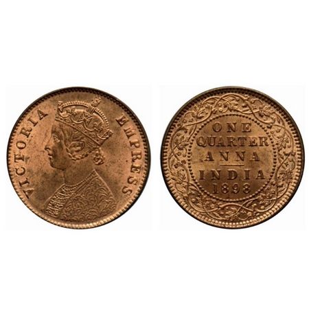 Victoria Empress, Copper Quarter Anna, 1898, Calcutta Mint, B/II, no mint mark, die crack 