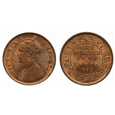 Victoria Empress, Copper Quarter Anna, 1899, Calcutta Mint, B/II, no mint mark GK 858. Unc