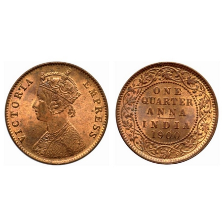 Victoria Empress, Copper Quarter Anna, 1900, Calcutta Mint, B/II, no mint mark GK 859. Unc
