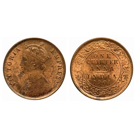 Victoria Empress, Copper Quarter Anna, 1901, Calcutta Mint, B/II, no mint mark. GK 860. Un