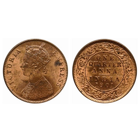 Victoria Empress, Copper Quarter Anna, 1901, Calcutta Mint, B/II, no mint mark. GK 860. Un