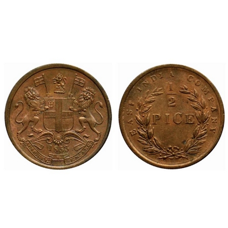 Victoria Queen, Eic issue, Copper ½ Pice, 1853, Calcutta Mint, B/I, Elongated beads. GK 23
