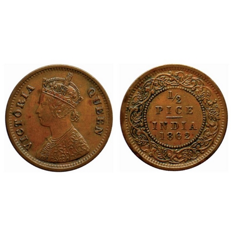 Victoria Queen, Copper ½ Pice, 1862, Calcutta Mint, A/I, GK 401. Extremely Fine. Scarce.