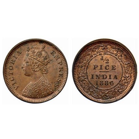 Victoria Empress, Copper ½ Pice, 1886, Calcutta Mint, A/I, no mint mark. GK 865. Extremely