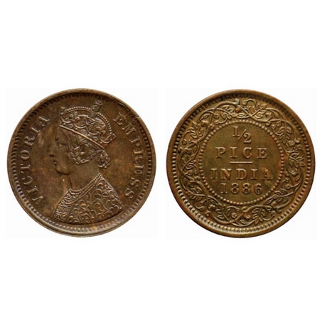 Victoria Empress, Copper ½ Pice, 1886, Calcutta Mint, A/I, no mint mark. Cud error on obve