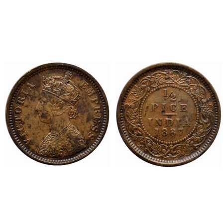 Victoria Empress, Copper ½ Pice, 1887, Calcutta Mint, A/I, no mint mark. Ghost on reverse.