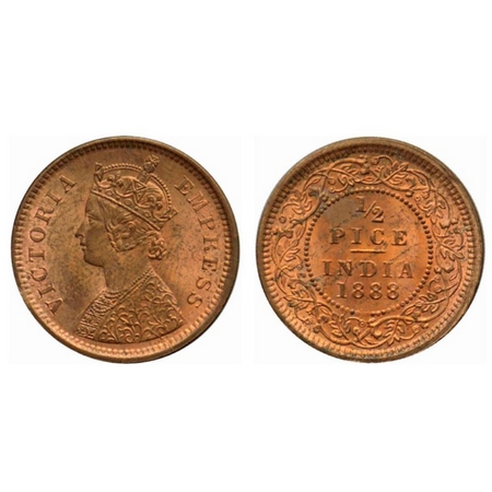 Victoria Empress, Copper ½ Pice, 1888, Calcutta Mint, A/I, no mint mark, ghost on reverse,