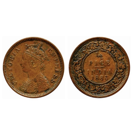 Victoria Empress, Copper ½ Pice, 1888, Calcutta Mint, A/I, no mint mark. Ghost on reverse.