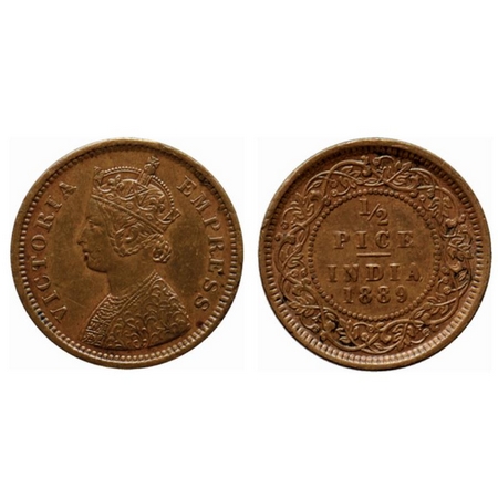 Victoria Empress, Copper ½ Pice, 1889, Calcutta Mint, A/I, no mint mark. Ghost on reverse.