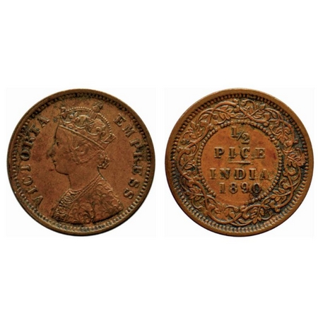 Victoria Empress, Copper ½ Pice, 1890, Calcutta Mint, A/I, no mint mark. GK 870. Very Fine