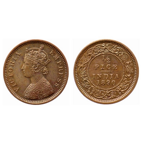 Victoria Empress, Copper ½ Pice, 1890, Calcutta Mint, A/I. Shroff Mark on Obverse. GK 870.