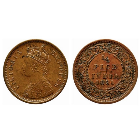 Victoria Empress, Copper ½ Pice, 1891, Calcutta Mint, A/I, no mint mark. Ghost on obverse 