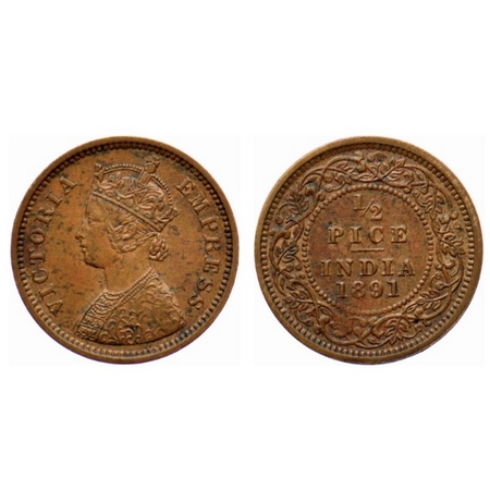 Victoria Empress, Copper ½ Pice, 1891, Calcutta Mint, A/I. GK 871. About Extremely Fine, S