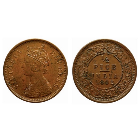 Victoria Empress, Copper ½ Pice, 1892, Calcutta Mint, A/I, no mint mark. Die crack on obve