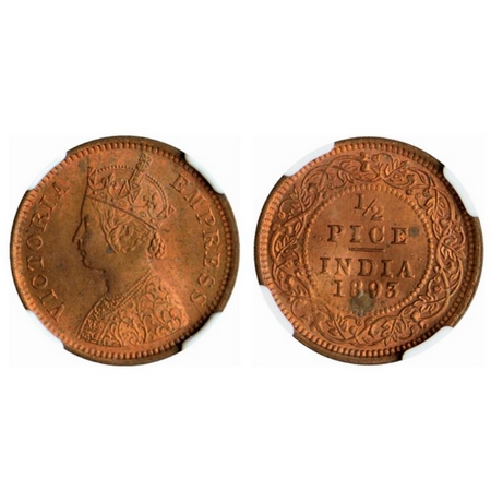 Victoria Empress, Copper ½ Pice, 1893, Calcutta Mint, A/I. GK 873. NGC Slabbed MS 63 RB, R