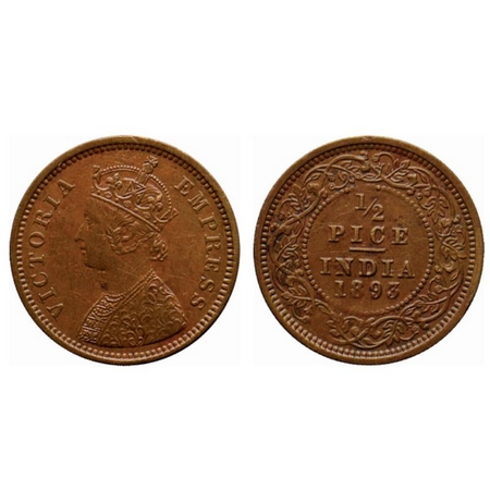 Victoria Empress, Copper ½ Pice, 1893, Calcutta Mint, A/I, no mint mark. Alphabet 'I' of I