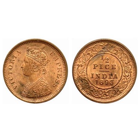 Victoria Empress, Copper ½ Pice, 1893, Calcutta Mint, A/I, no mint mark, ghost on reverse.