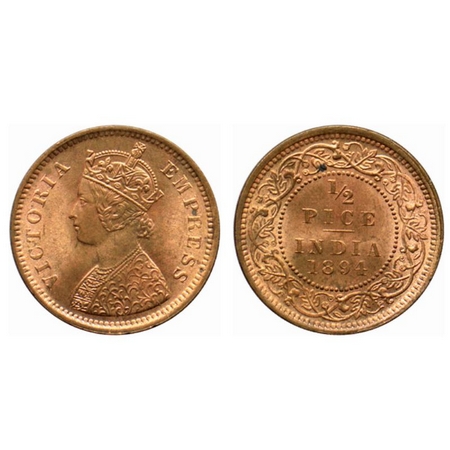 Victoria Empress, Copper ½ Pice, 1894, Calcutta Mint, A/I, no mint mark, die crack on obve