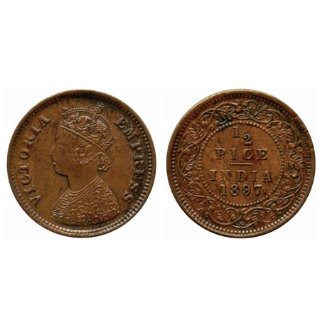 Victoria Empress, Copper ½ Pice, 1897, Calcutta Mint, A/I, no mint mark. Ghost on reverse.