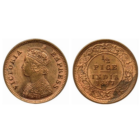 Victoria Empress, Copper ½ Pice, 1897, Calcutta Mint, A/I, no mint mark, ghost on reverse.