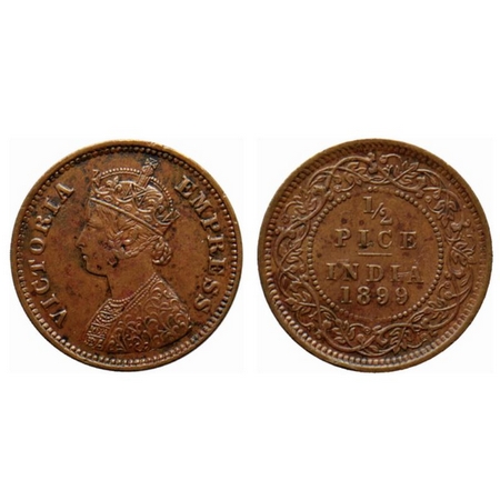 Victoria Empress, Copper ½ Pice, 1899, Calcutta Mint, A/I, no mint mark. Ghost on reverse.