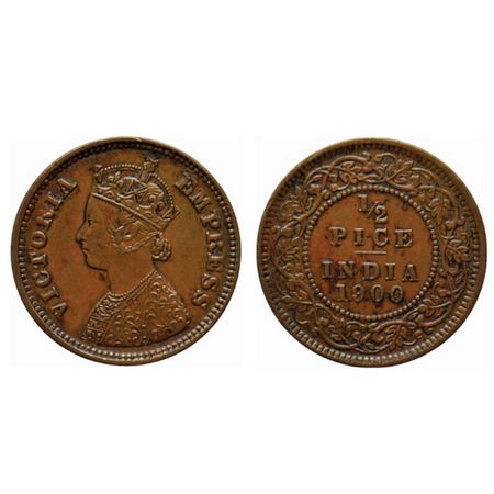 Victoria Empress, Copper ½ Pice, 1900, Calcutta Mint, A/I, no mint mark. GK 880. Very Fine