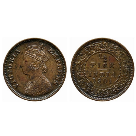 Victoria Empress, Copper ½ Pice, 1901, Calcutta Mint, A/I, no mint mark. Ghost on reverse.