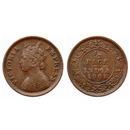 Victoria Empress, Copper ½ Pice, 1901, Calcutta Mint. A/I no mint mark, Alphabet A of Indi