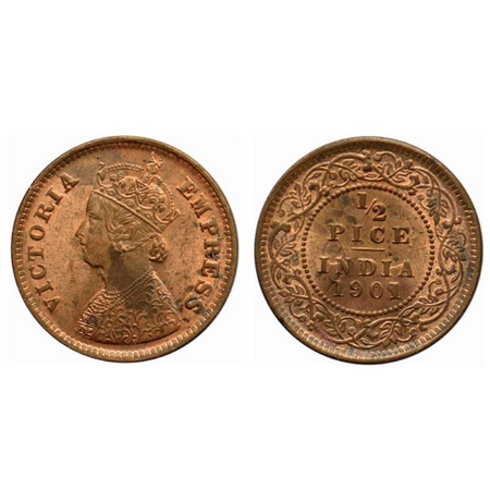 Victoria Empress, Copper ½ Pice, 1901, Calcutta Mint, A/I, no mint mark, ghost on reverse,