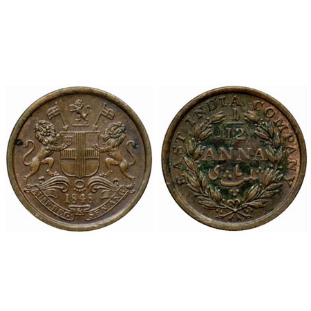 Victoria Queen, Eic issue, Copper 1/12 Anna, 1848, Calcutta Mint, (13 L + 10 R Berries). G