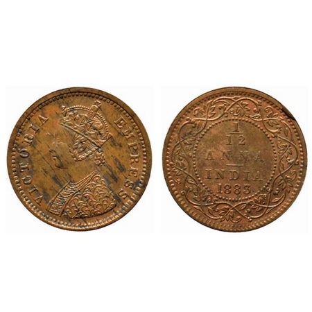 Victoria Empress, Copper 1/12 Anna, 1883, Bombay Mint, Obverse 'A', No mint mark, Broken '