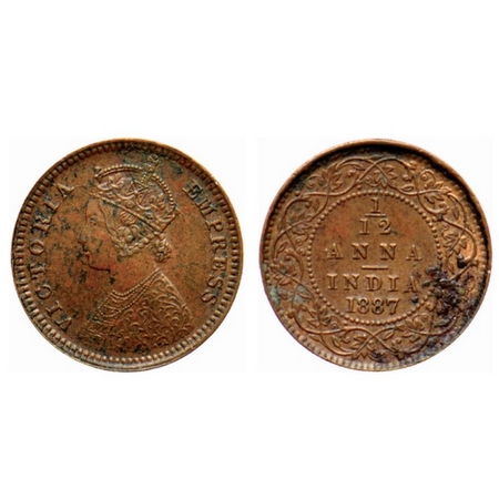 Victoria Empress, Copper 1/12 Anna, 1887, Calcutta Mint, C incused, mud deposits on revers