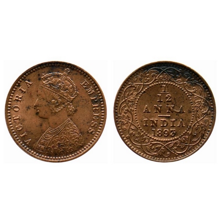 Victoria Empress, Copper 1/12 Anna, 1893, Calcutta Mint. Alphabet 'A' of India seen below 