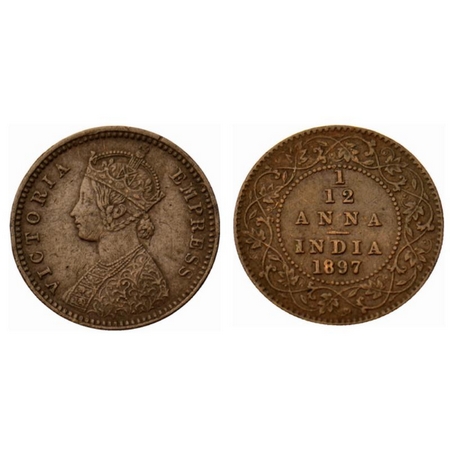 Victoria Empress, Copper 1/12 Anna, 1897, Calcutta Mint. GK 918. About Very Fine, Scarce.