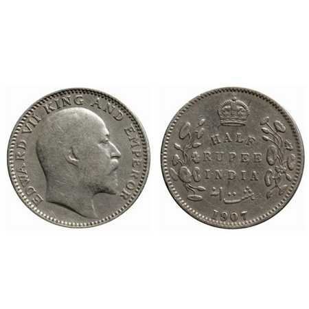 Edward VII, Silver ½ Rupee, 1907, Calcutta Mint. GK 967. About Very Fine +, Scarce.
