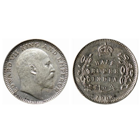 Edward VII, Silver ½ Rupee, 1908, Calcutta Mint, no mint mark, ghost on reverse. GK 968. E