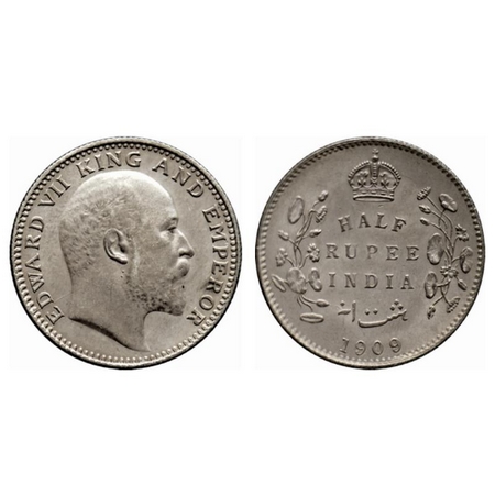 Edward VII, Silver ½ Rupee, 1909, Calcutta Mint, no mint mark. GK 969. Cleaned, About Extr