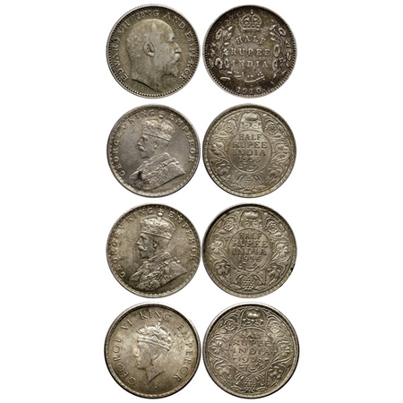 Edward VII, George V, George VI, Silver ½ Rupee (4 Coins), 1910 Bombay, 1936 Calcutta, 193
