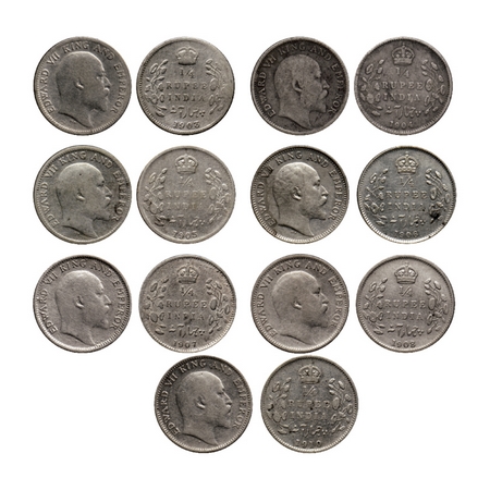 Edward VII, Silver ¼ Rupee (7 Coins), 1903, 1904, 1905, 1906, 1907, 1908, 1910, Calcutta M