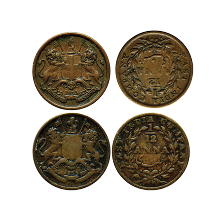 William IV, Copper 1/12 Anna (2 Coins), 1835, Bombay Mint, reverse II, (6L +7R Berries) (i